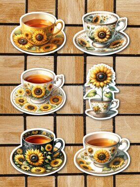 Floral Tea Cup Sticker Pack of 6 Vinyl Stickers Waterproof Sunflower Stickers